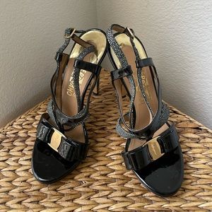 Stingray peek toe patten leather strappy heels